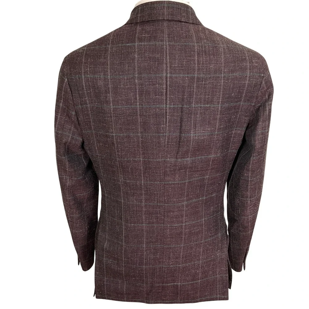 Nordstrom Blazer Mens 36R Plum Plaid Trim Fit Quiet Luxury Wool/Silk/Linen